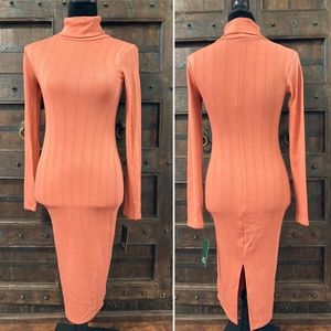 Salmon Bodycon Stretchy Ribbed Midi Dress Turtleneck Long Sleeve NWT